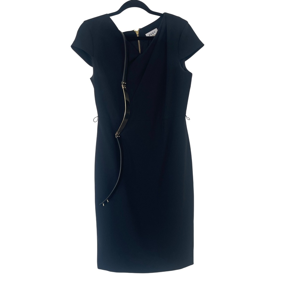 DKNY Women's Black Cap Sleeve Sheath Dress with Gold Belt & Zipper Detail Size 6